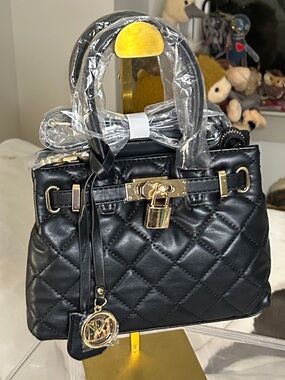 Badgley Mischka Quilted Satchel/Crossbody in Black Gold Hardware Lock & Key NWT